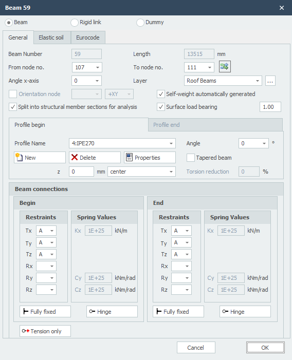 Beam properties dialog