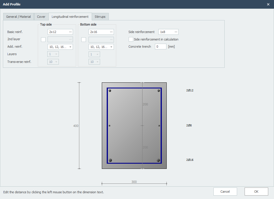 Concrete profile properties - Reinforcement tab