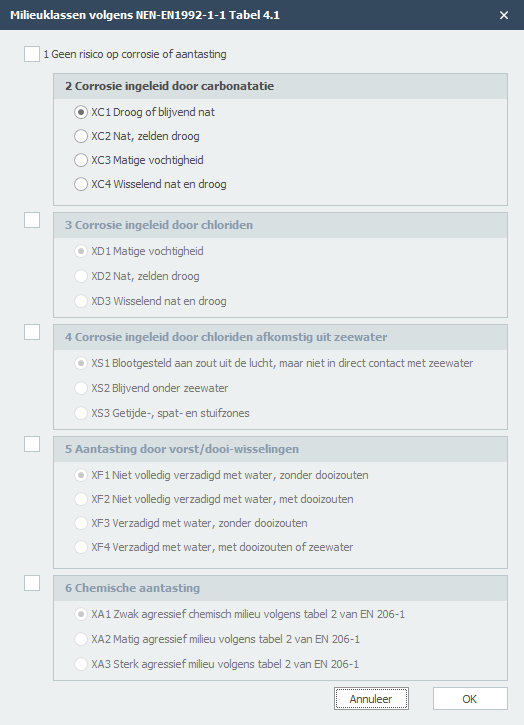 Milieuklasse dialoogvenster